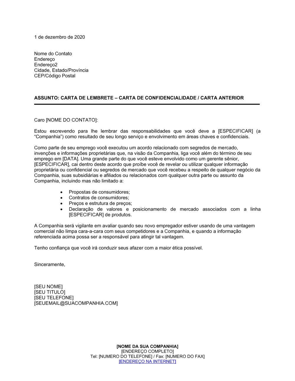 Business-in-a-Box's Carta Lembrete Carta de Confidencialidade ou Antiga Carta