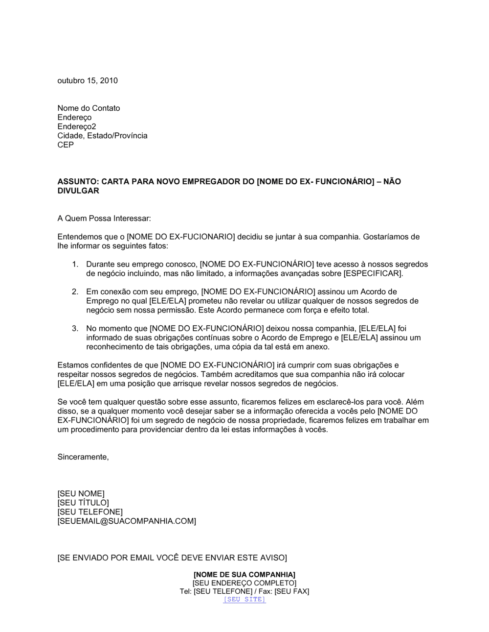 Business-in-a-Box's Carta para Novo Empregador ou Ex Empregado Não-Revelação