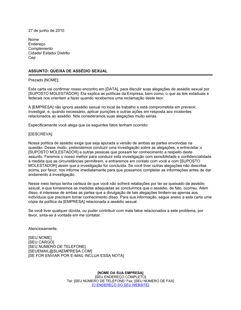 Business-in-a-Box's Carta para Reclamação de Abuso Sexual