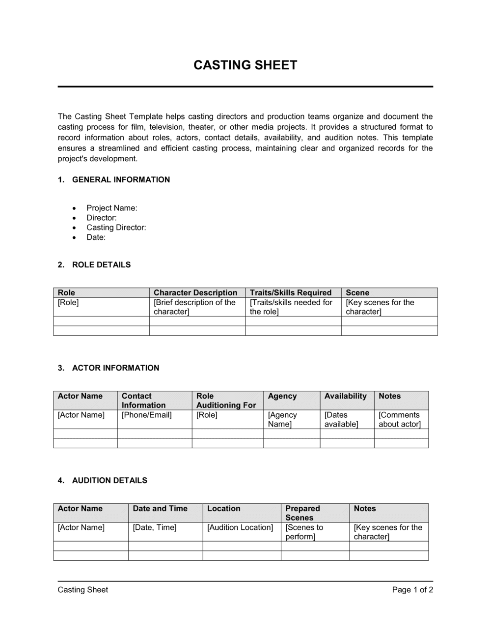 Business-in-a-Box's Casting Sheet Template
