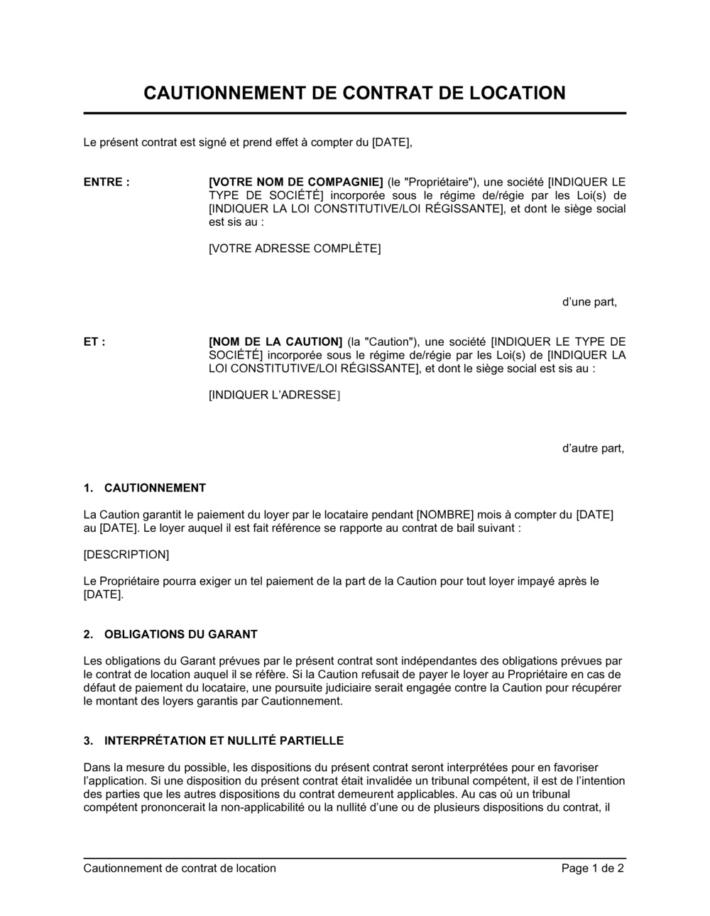 Business-in-a-Box's Cautionnement de contrat de location