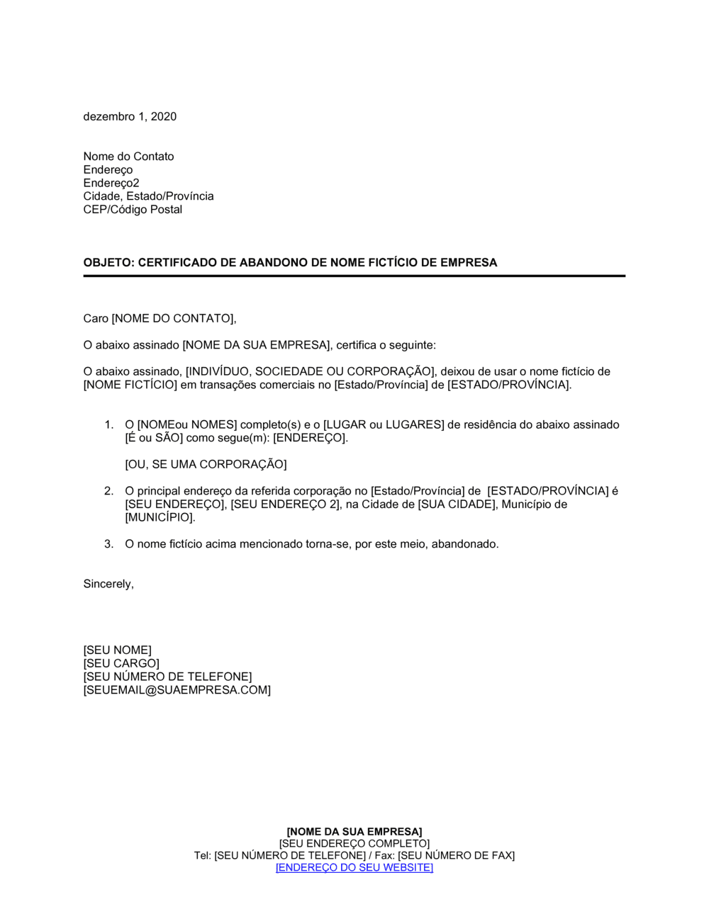 Business-in-a-Box's Certificado de Abandono do Nome de Negócio