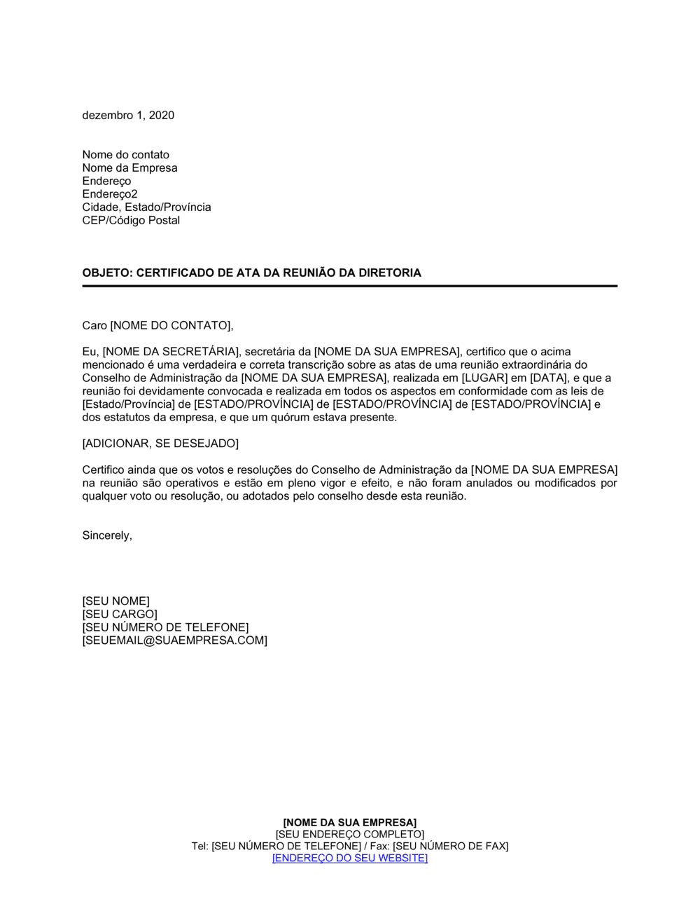 Business-in-a-Box's Certificado de Ata de Reunião de Diretores