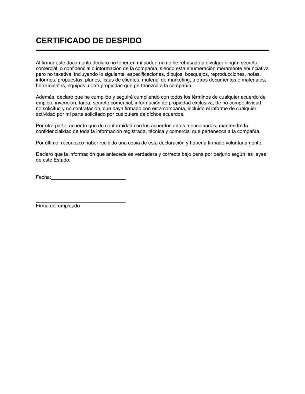 Business-in-a-Box's Certificado de despido