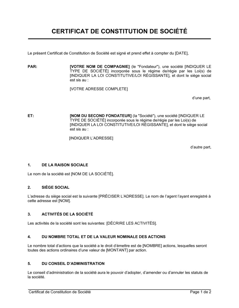 Business-in-a-Box's Certificat de constitution de société