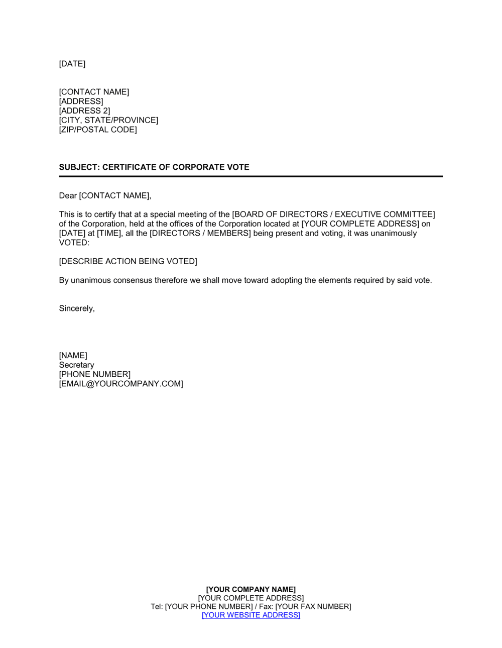 Business-in-a-Box's Certificate of Corporate Vote Template
