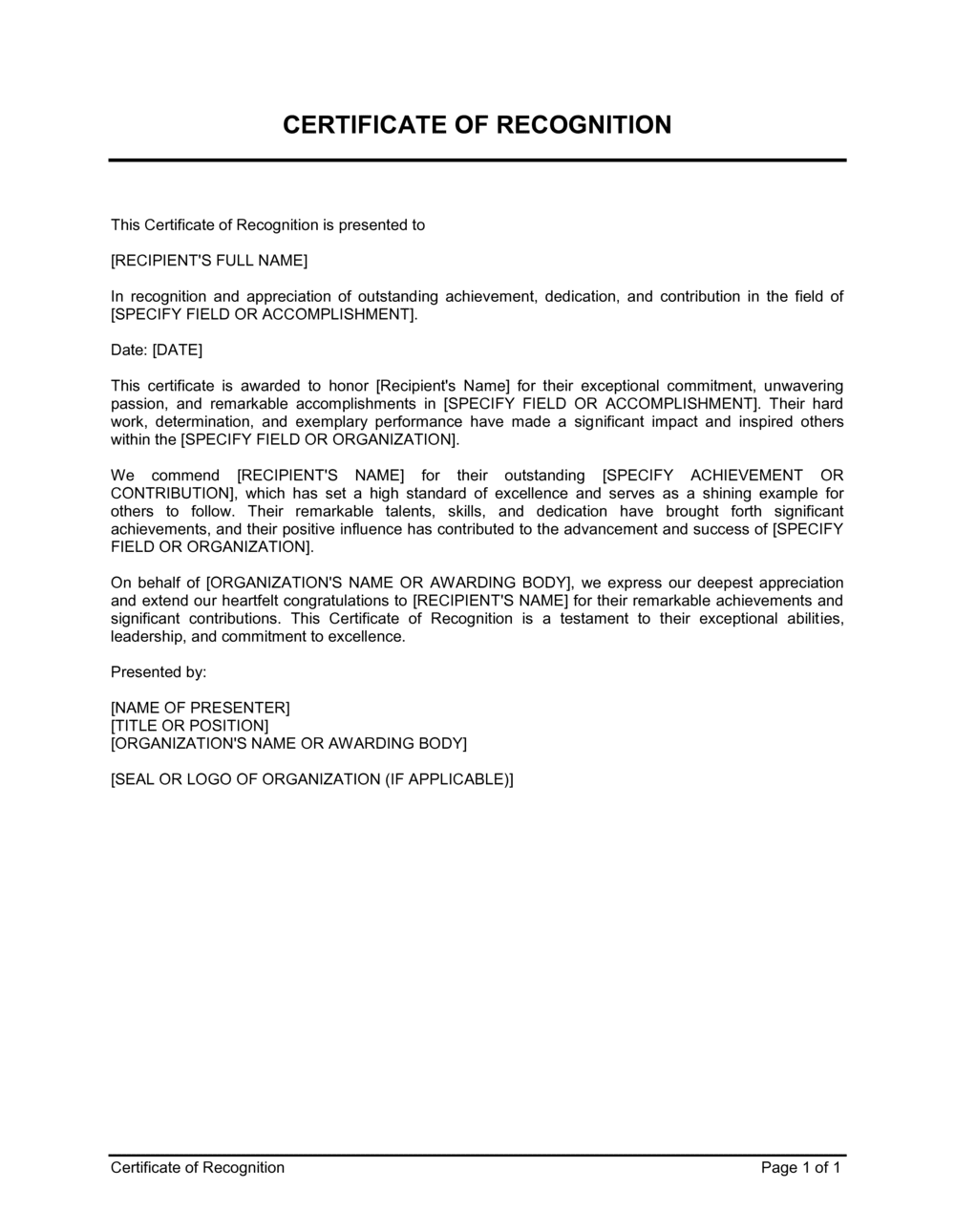 Business-in-a-Box's Certificate Of Recognition Template