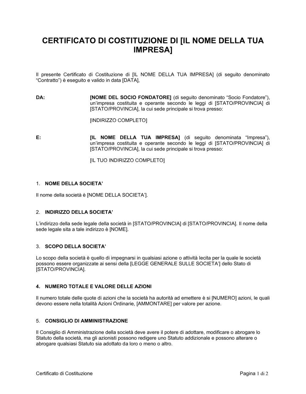 Business-in-a-Box's Certificato di costituzione