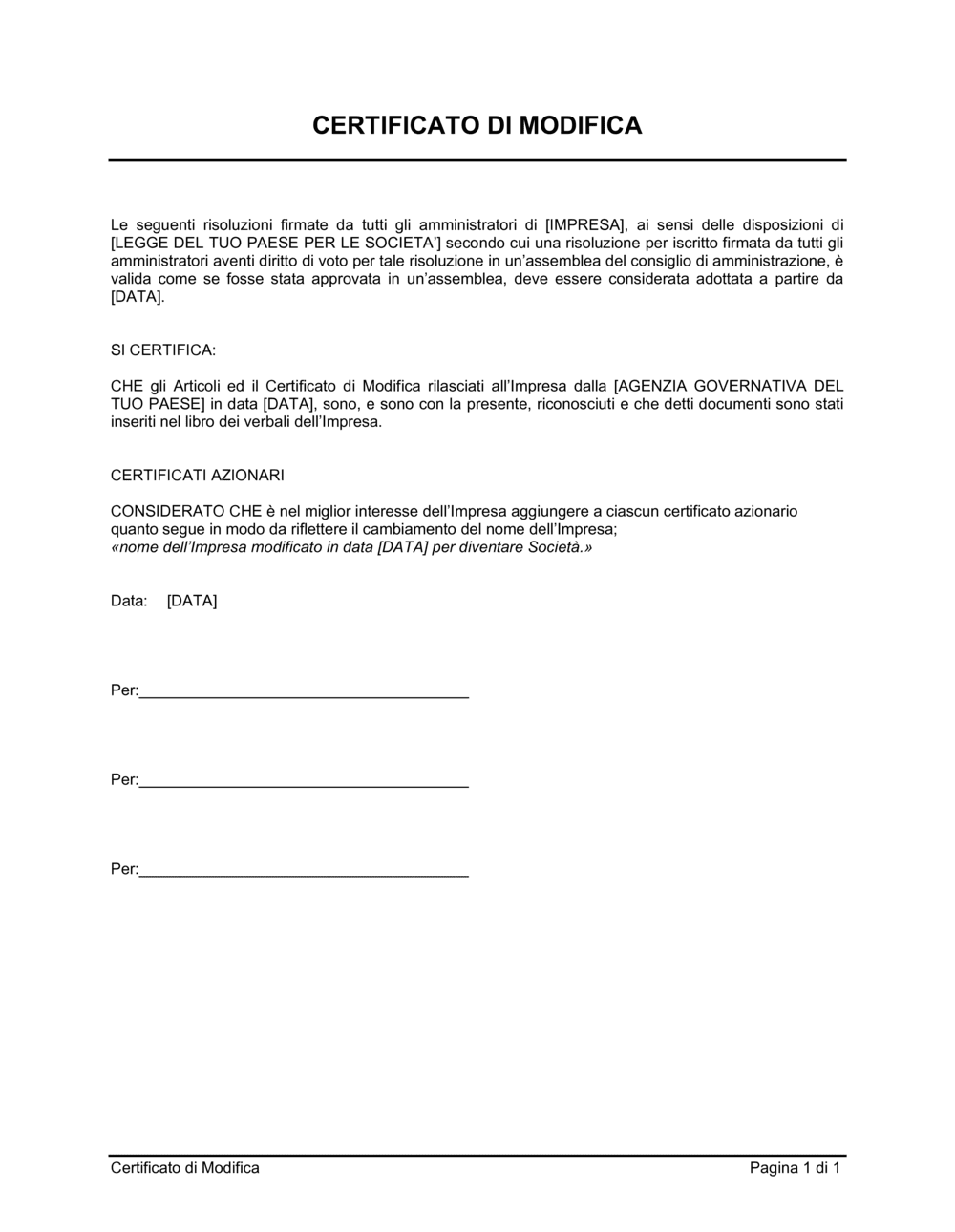 Business-in-a-Box's Certificato di modifica