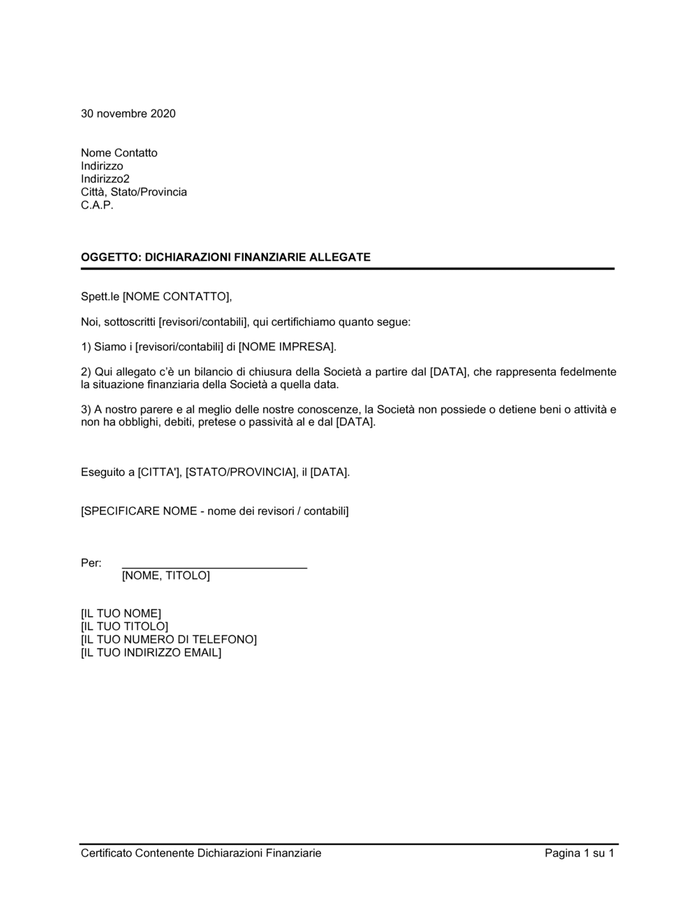 Business-in-a-Box's Certificazione dichiarazioni finanziarie allegate