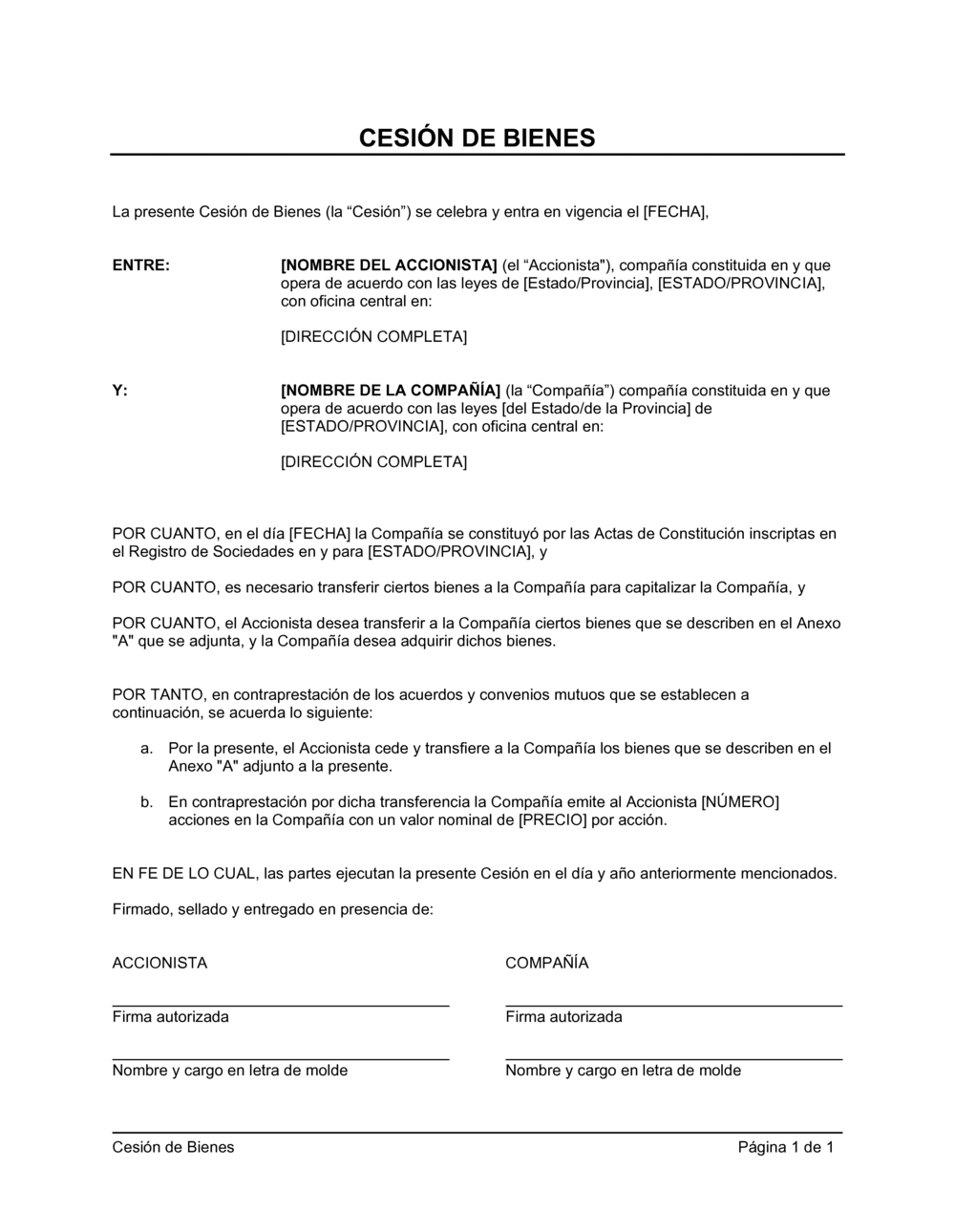 Business-in-a-Box's Cesión de bienes