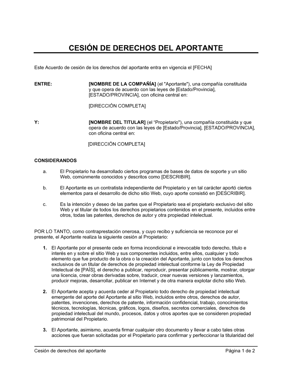 Business-in-a-Box's Cesión de derechos del aportante