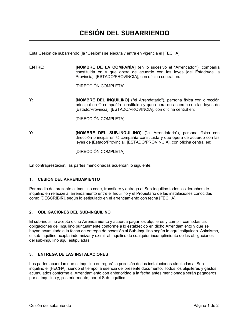 Business-in-a-Box's Cesión de subarriendo