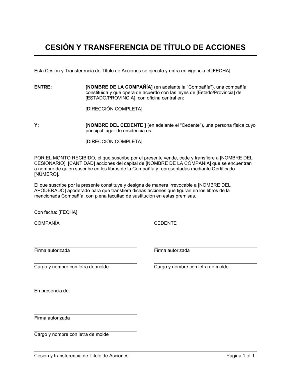 Business-in-a-Box's Cesión y transferencia de título de acciones