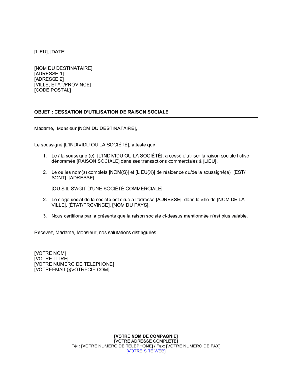 Business-in-a-Box's Cessation d'utilisation de raison sociale