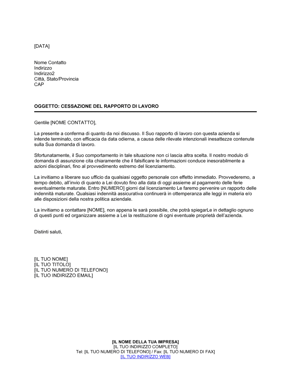 Business-in-a-Box's Cessazione rapporto di lavoro per false informazioni