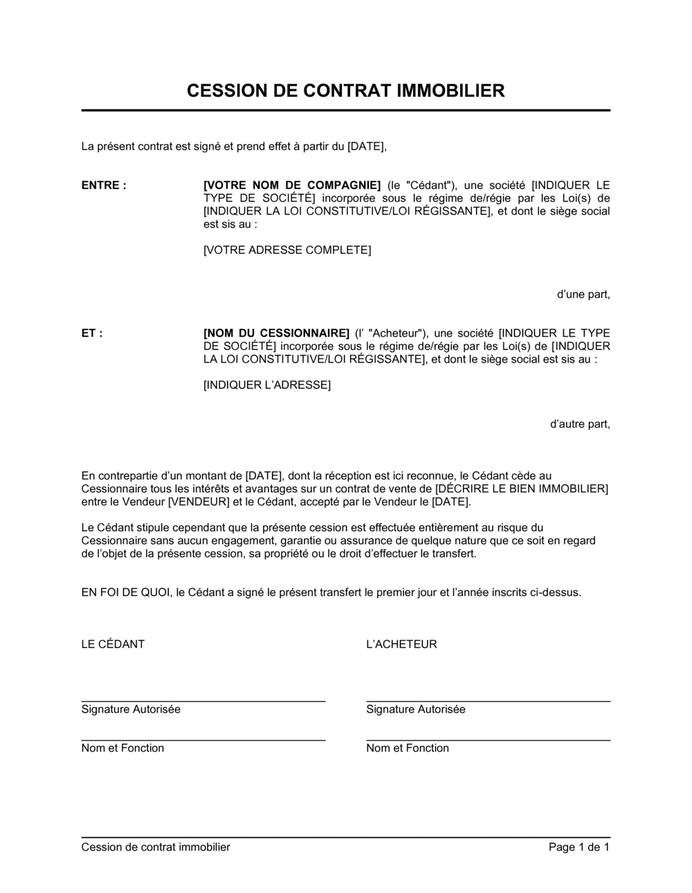 Business-in-a-Box's Cession de contrat immobilier