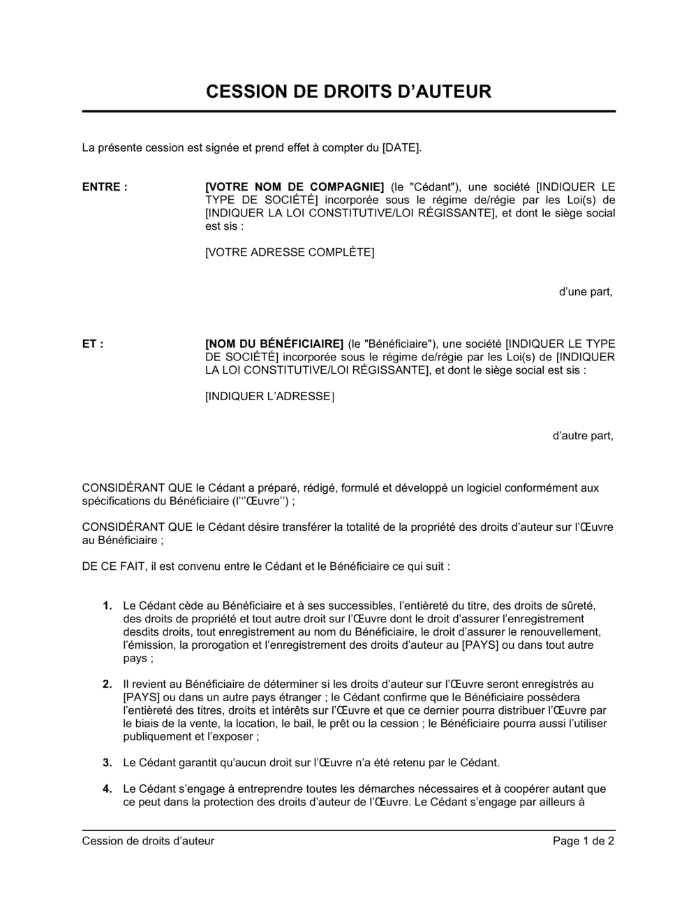 Business-in-a-Box's Cession de droits d'auteur version courte