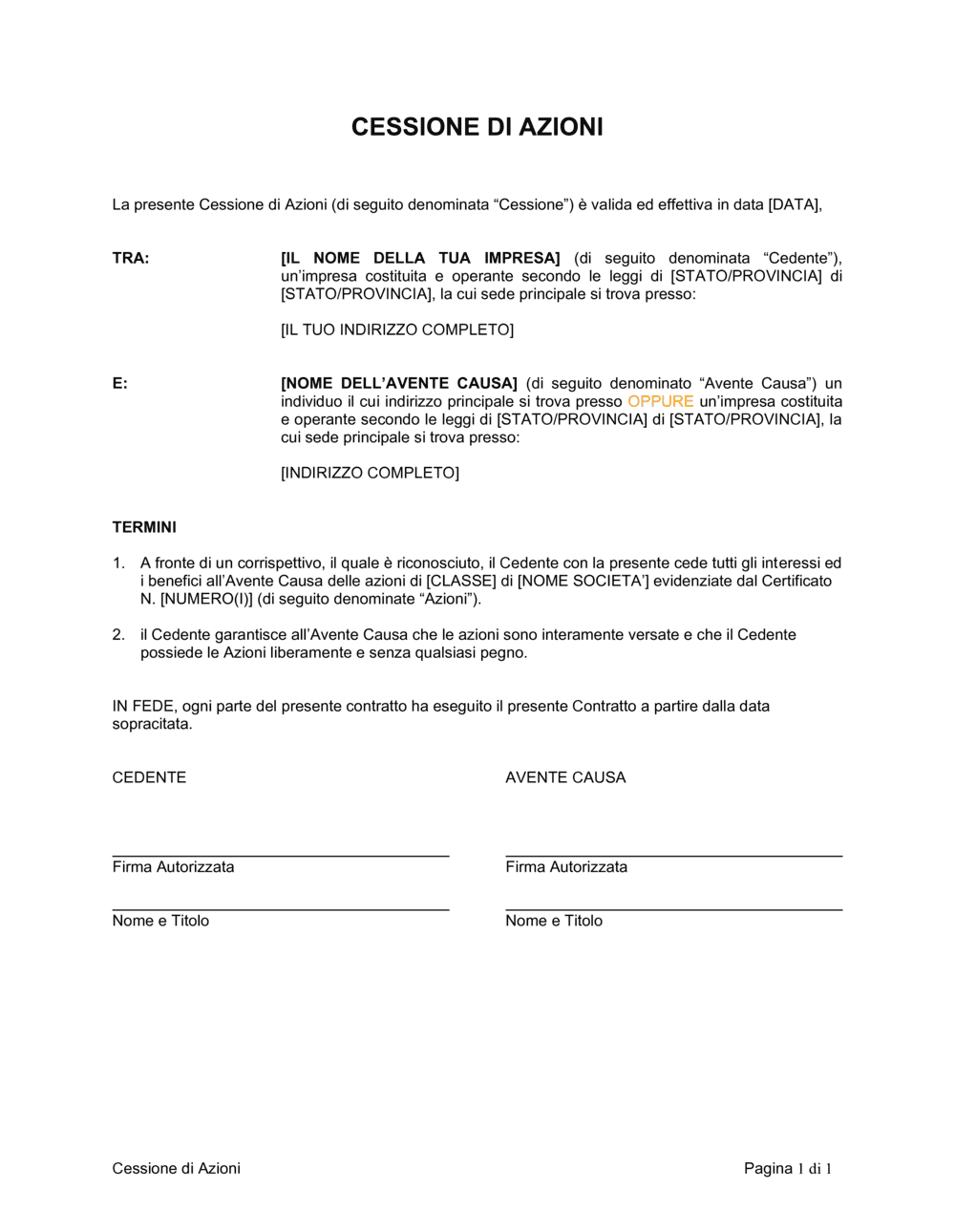 Business-in-a-Box's Cessione di azioni