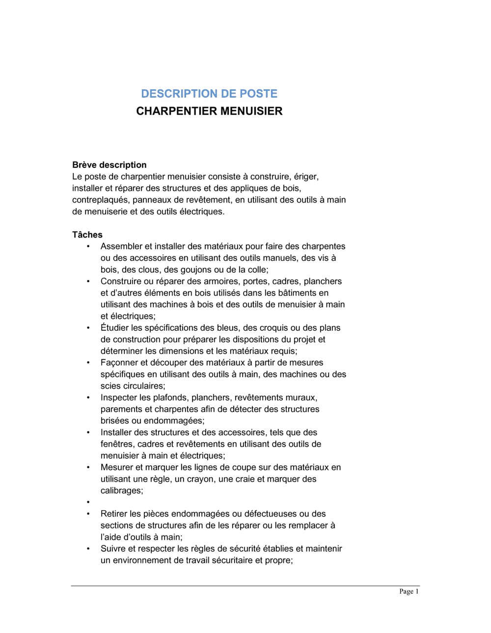 Business-in-a-Box's Charpentier menuisier Description de poste