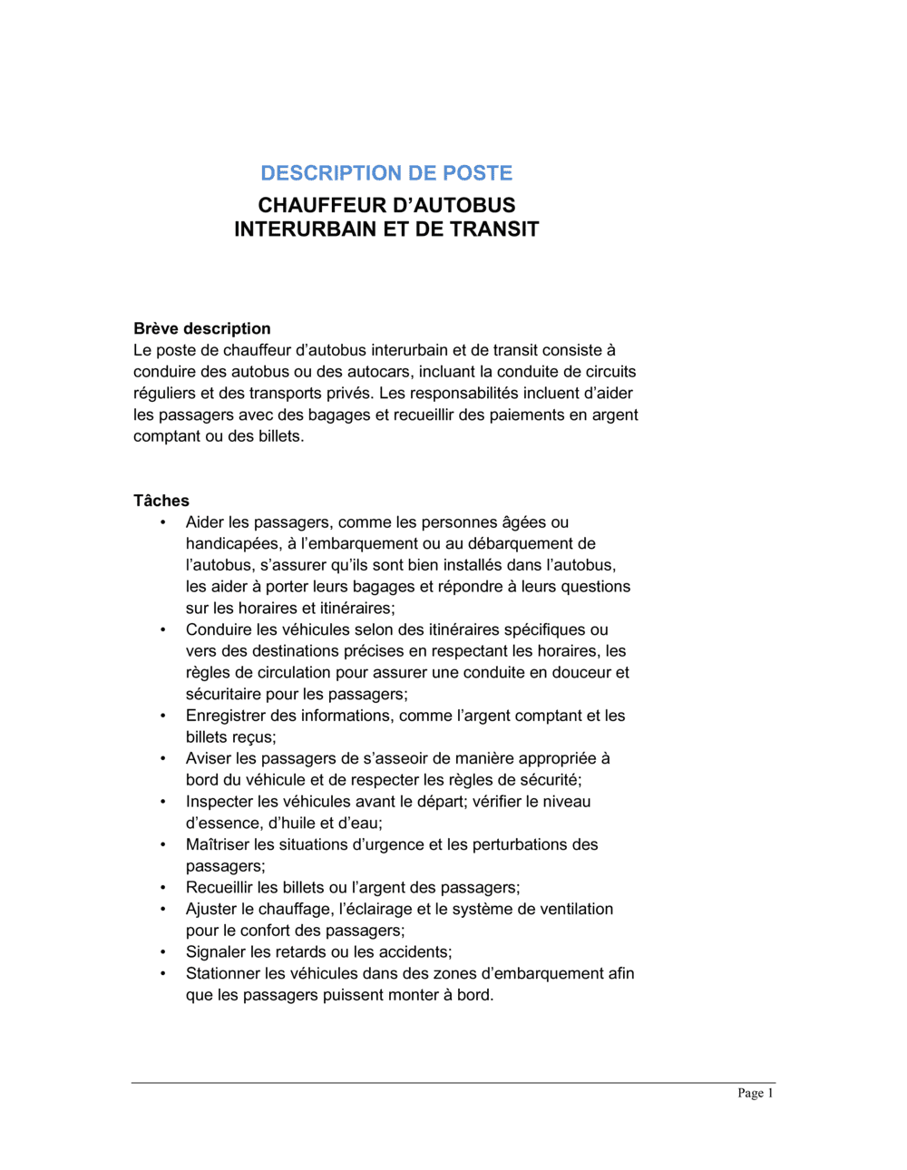 Business-in-a-Box's Chauffeur d'autobus interurbain et de transit Description de poste