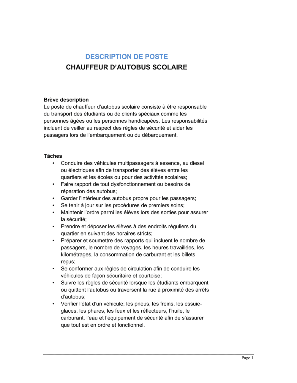 Business-in-a-Box's Chauffeur d'autobus scolaire Description de poste