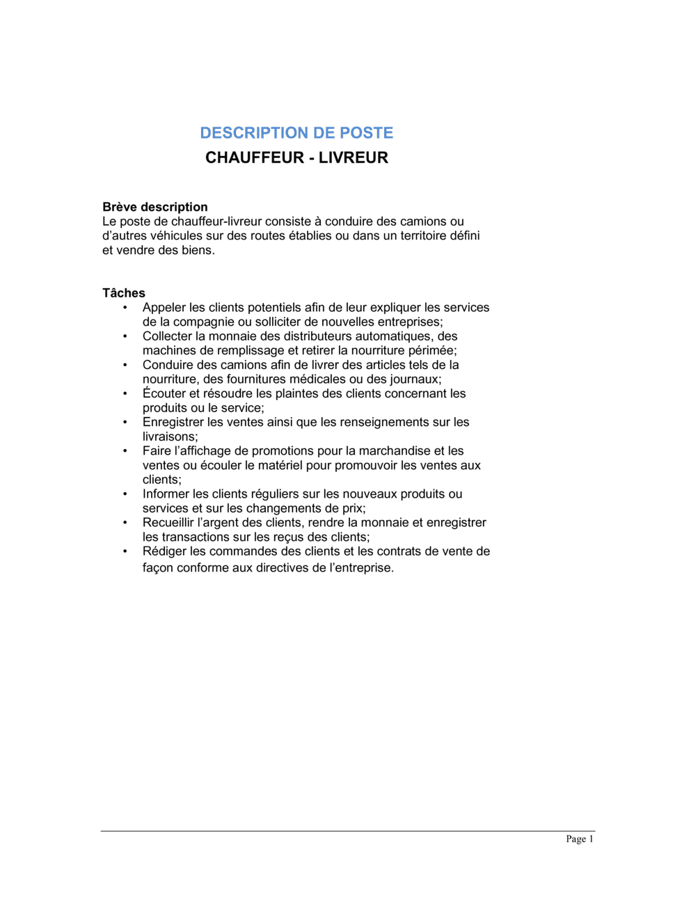 Business-in-a-Box's Chauffeur livreur Description de poste