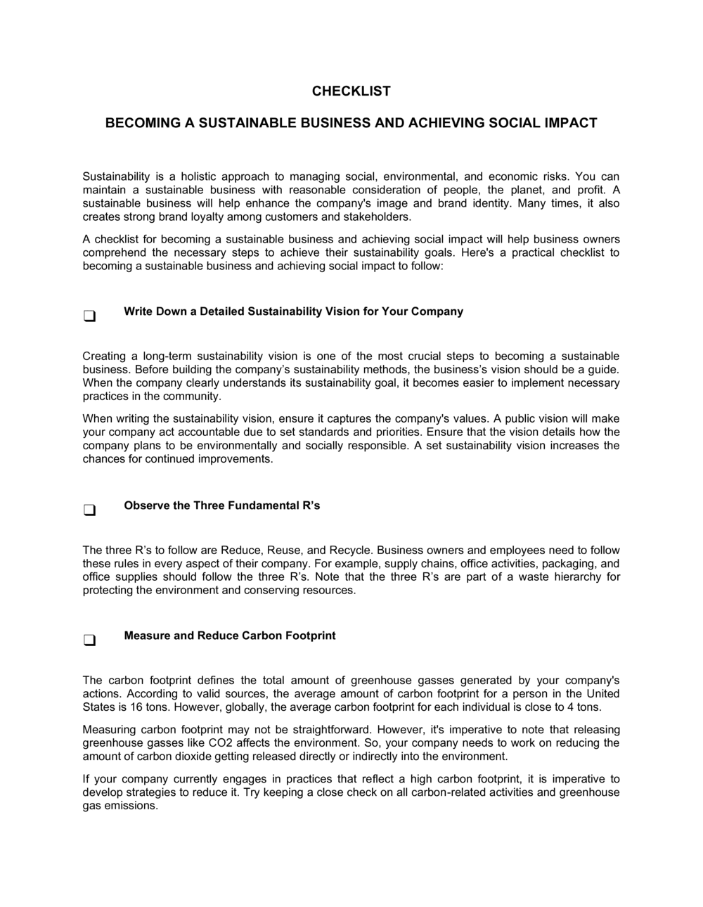 Business-in-a-Box's Checklist Becoming A Sustainable Business and Achieving Social Impact Template
