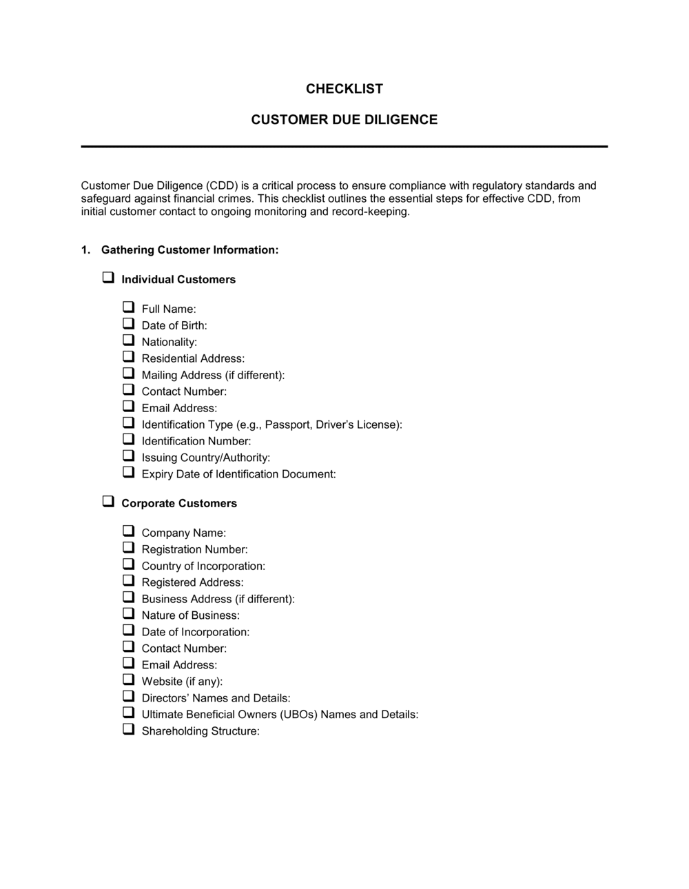 Business-in-a-Box's Checklist Customer Due Diligence Template