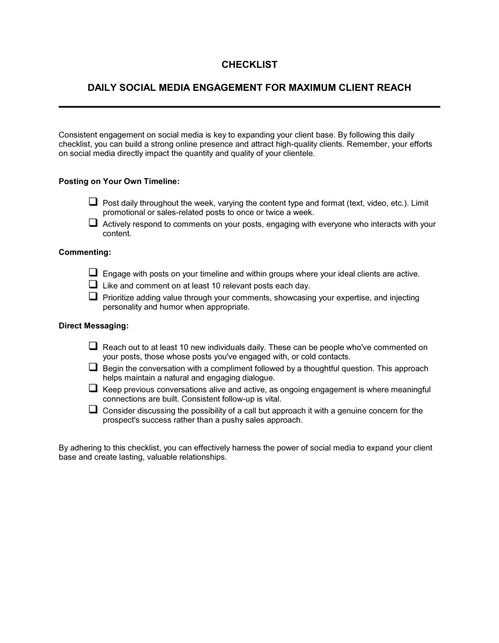 Business-in-a-Box's Checklist Daily Social Media Engagement Checklist For Max Client Reach Template