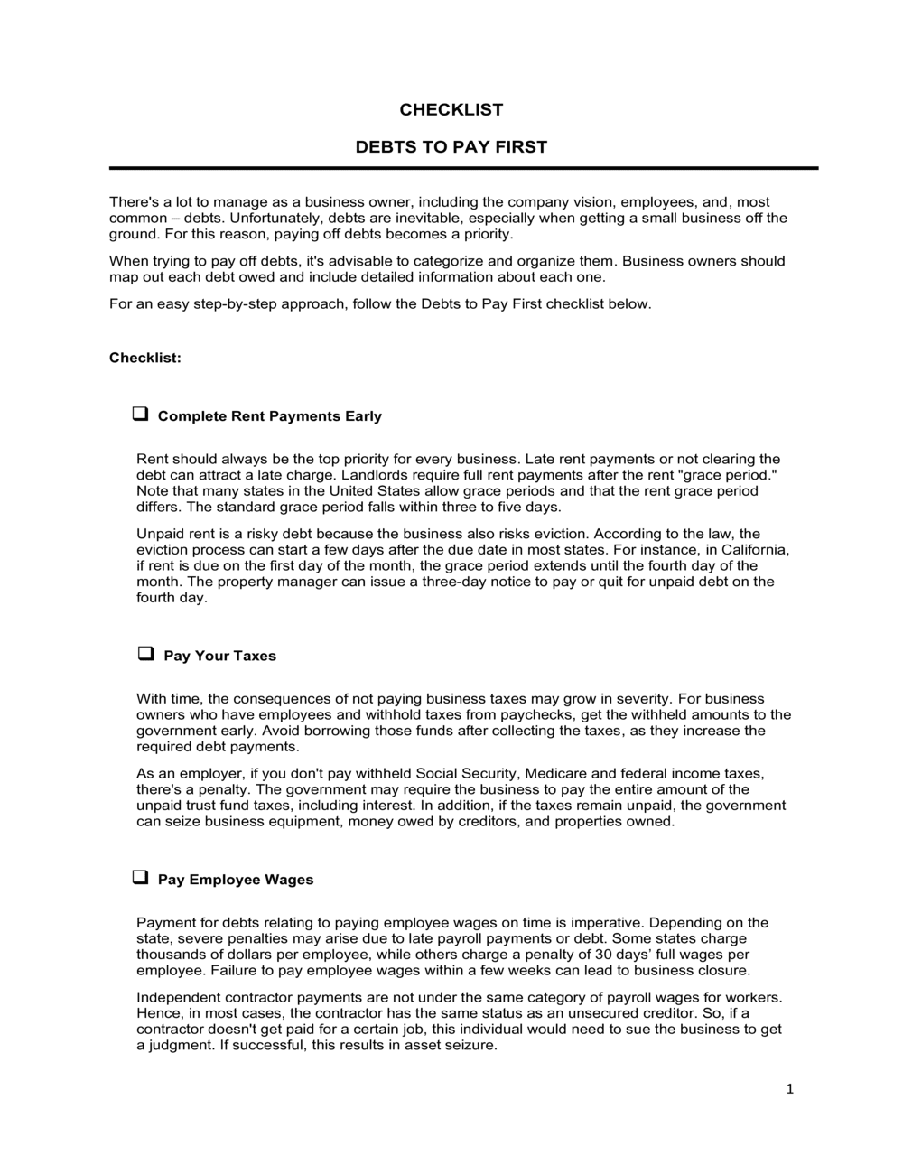 Business-in-a-Box's Checklist Debts To Pay First Template