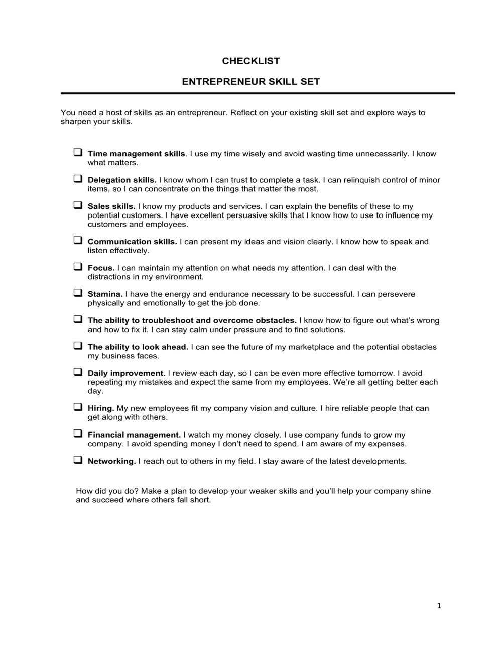 Business-in-a-Box's Checklist Entrepreneur Skill Set Template