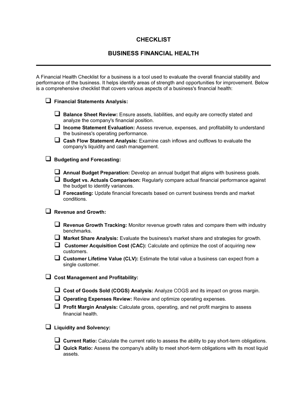 Business-in-a-Box's Checklist Financial Health Template