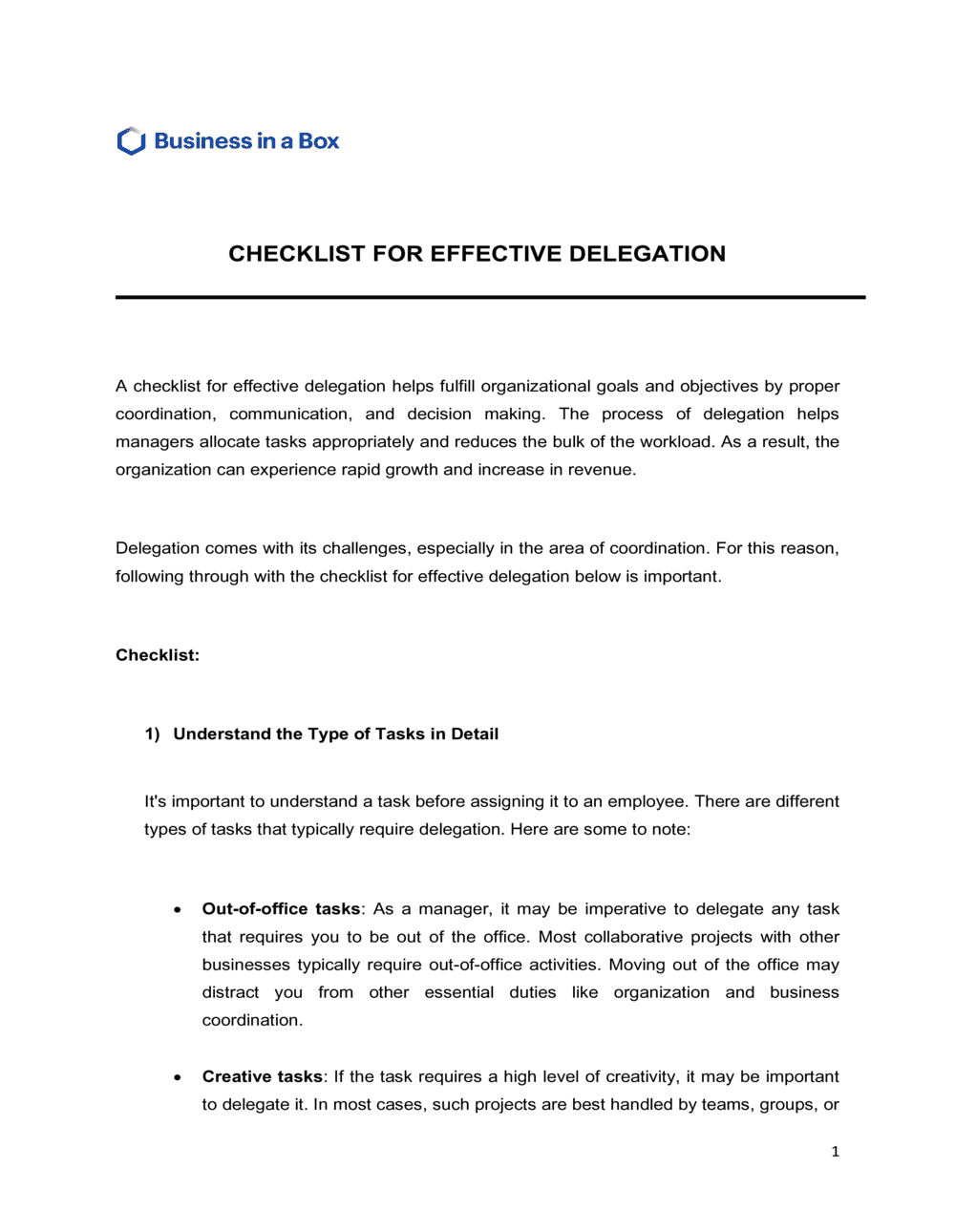Business-in-a-Box's Checklist For Effective Delegation Template