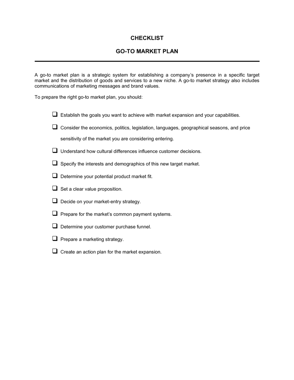 Business-in-a-Box's Checklist Go-To Market Plan Template
