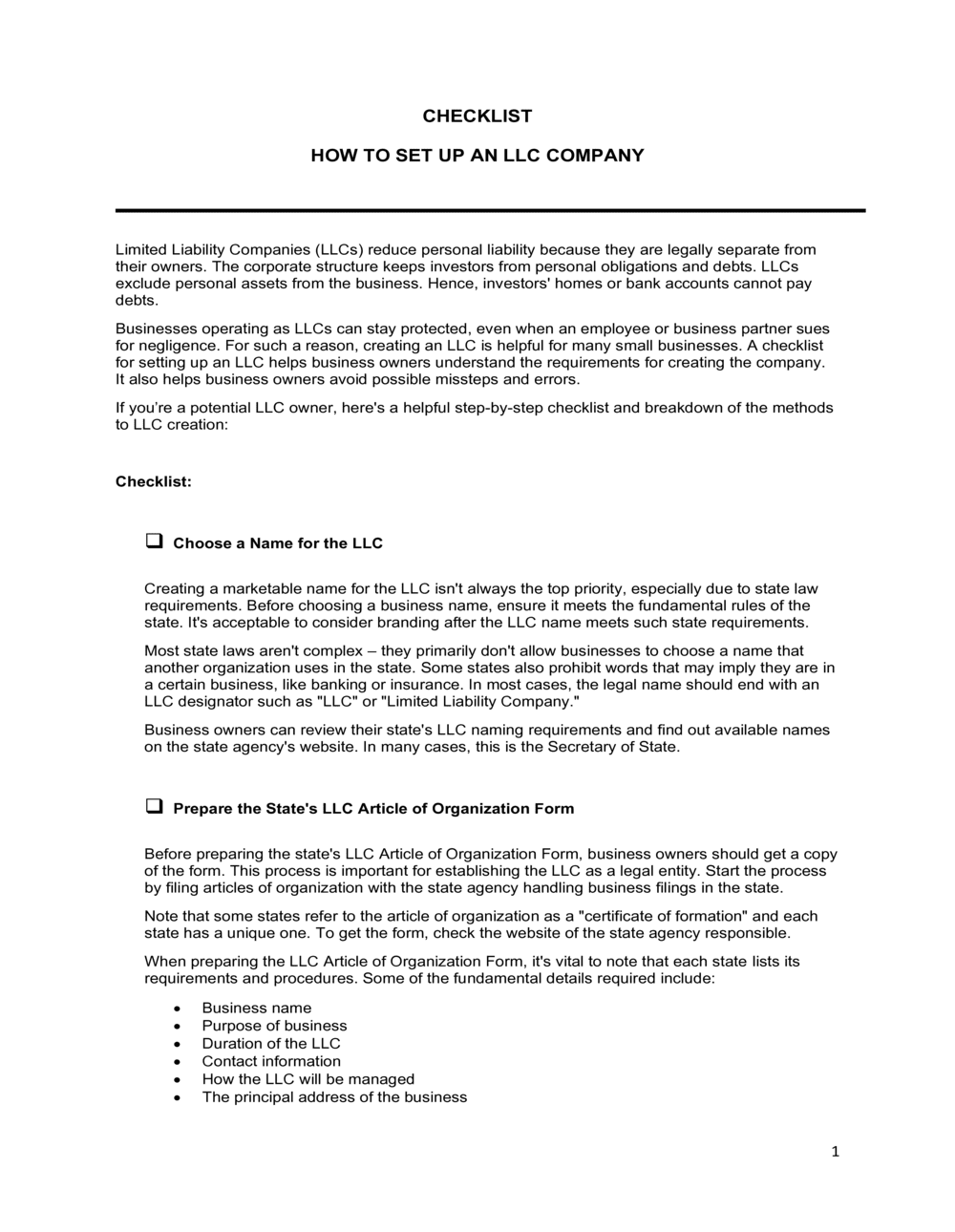 Business-in-a-Box's Checklist How To Setup an LLC Template