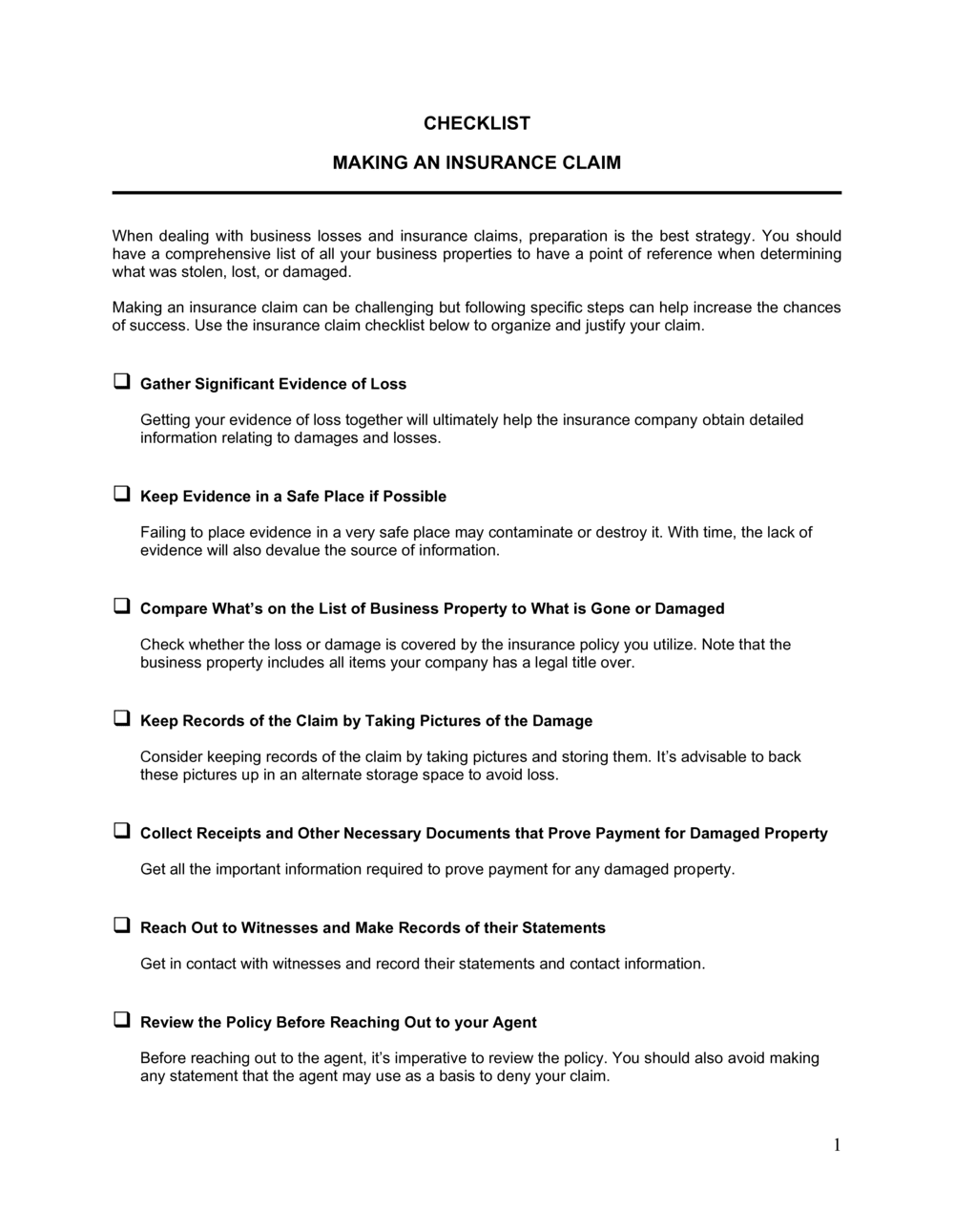 Checklist Making An Insurance Claim Download