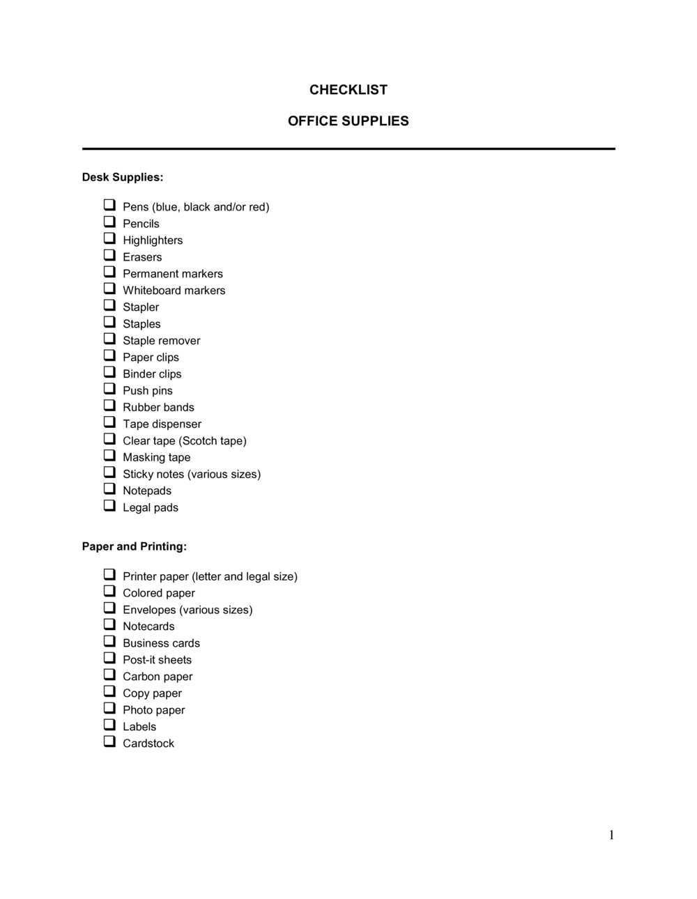Checklist Office Supplies