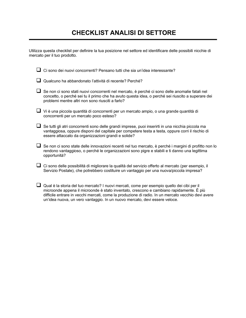 Business-in-a-Box's Checklist Analisi di settore