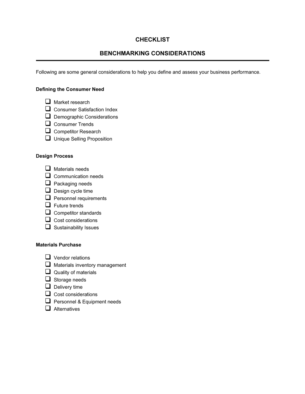 Checklist Benchmarking Considerations Template By Business In A Box™