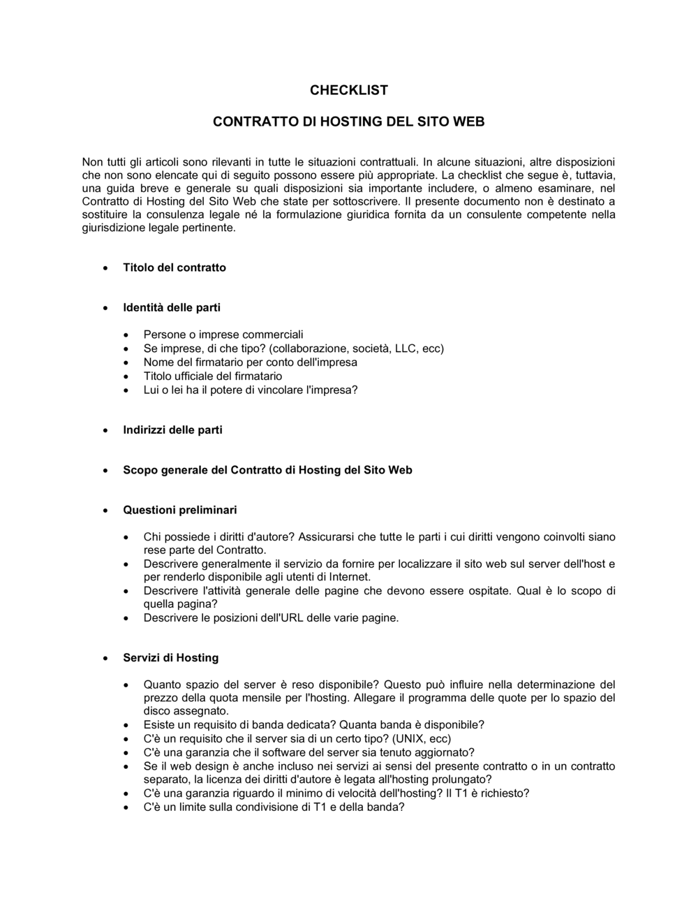 Business-in-a-Box's Checklist Contratto di hosting del sito web