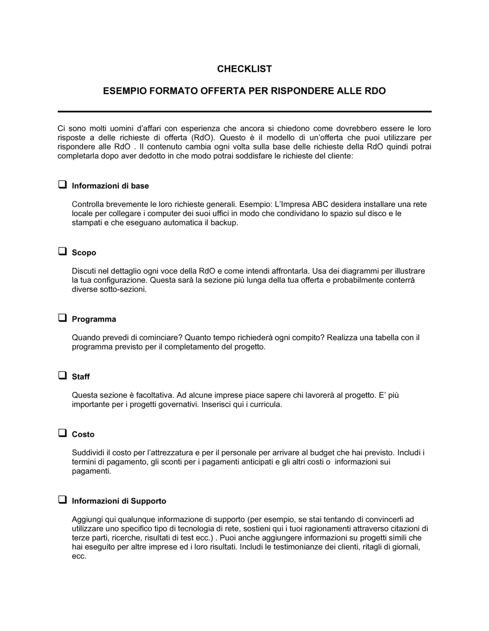 Business-in-a-Box's Checklist Esempio risposta RdO