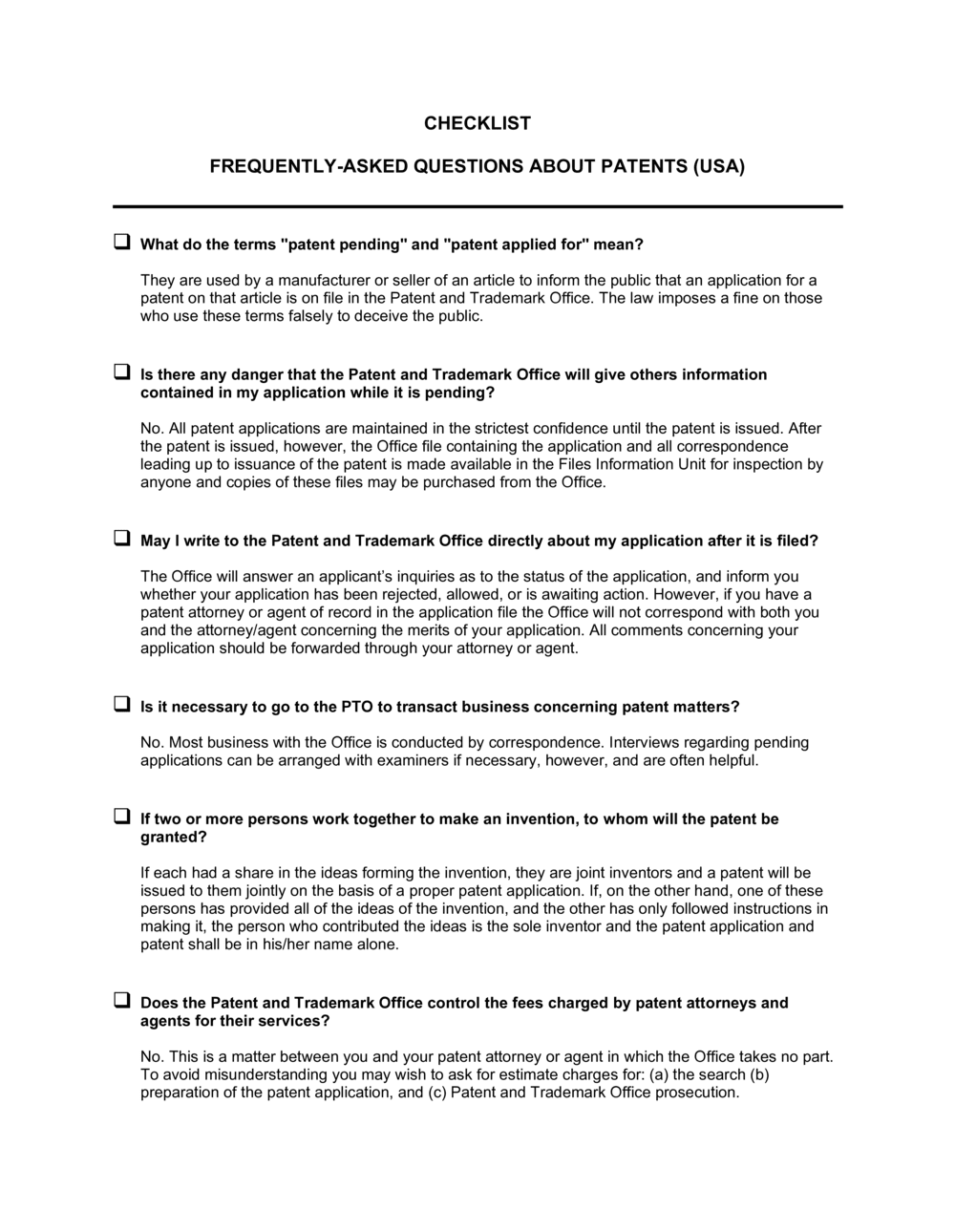 Business-in-a-Box's Checklist FAQ About Patents Template