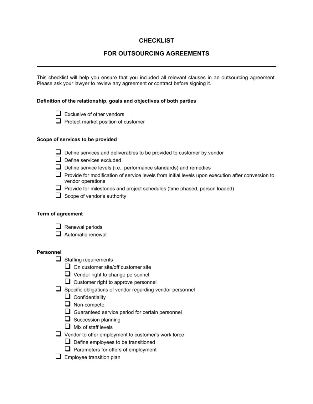 Checklist For Outsourcing Agreements Template  by Business-in-a-Box™ Within outsourcing contract templates