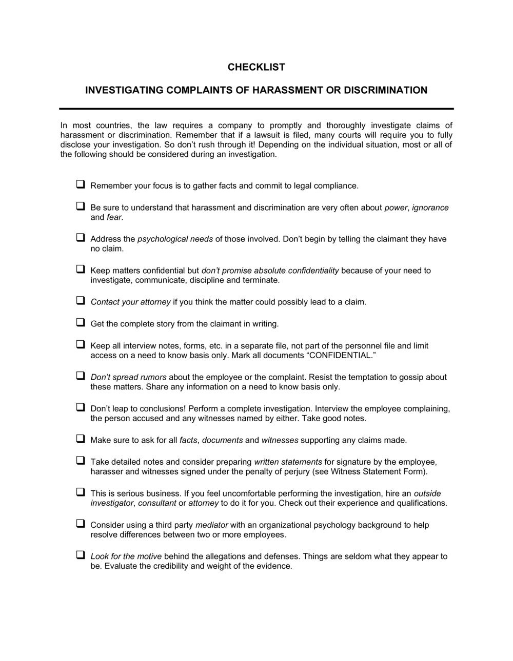 Business-in-a-Box's Checklist Investigating Complaints of Harassment Template
