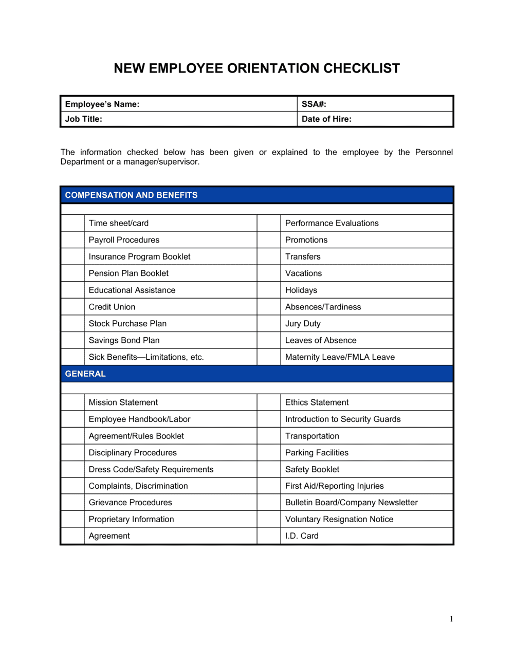 New Employee Orientation Checklist Template Word