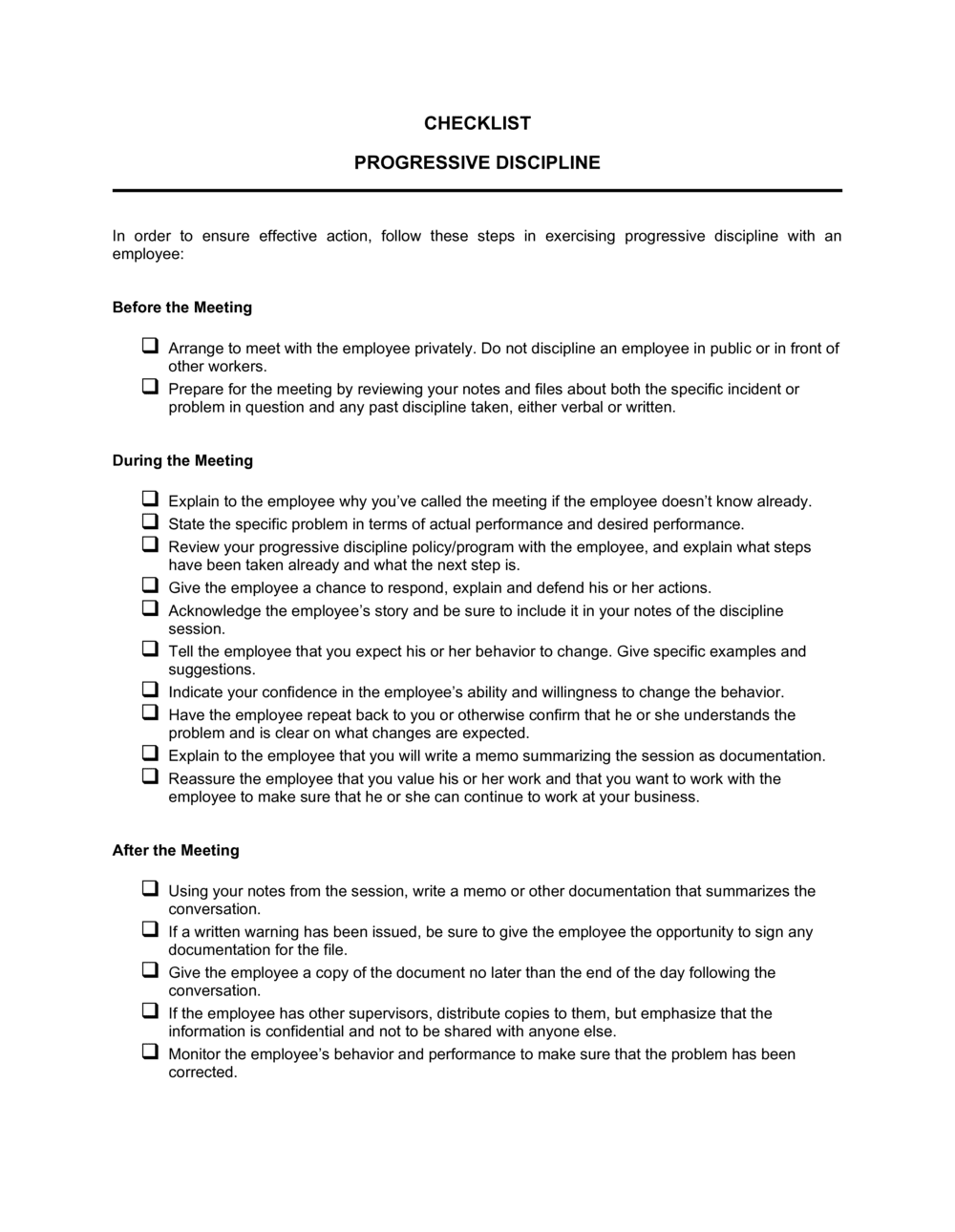 Business-in-a-Box's Checklist Progressive Discipline Template