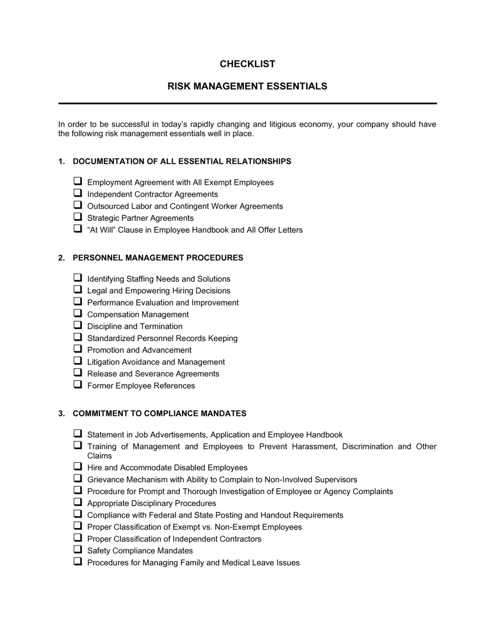 Checklist Risk Management Essentials Template  by Business-in-a-Box™ Intended For risk management agreement template
