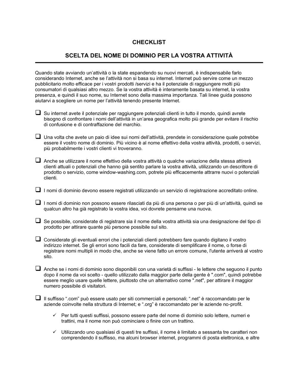 Business-in-a-Box's Checklist Scelta di un nome di dominio