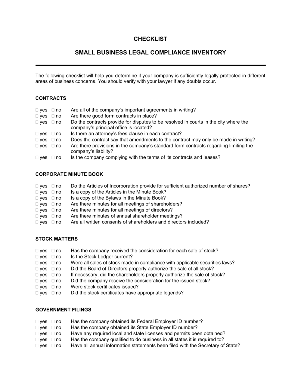 Checklist Small Business Legal Compliance Inventory Template By Business In A Box